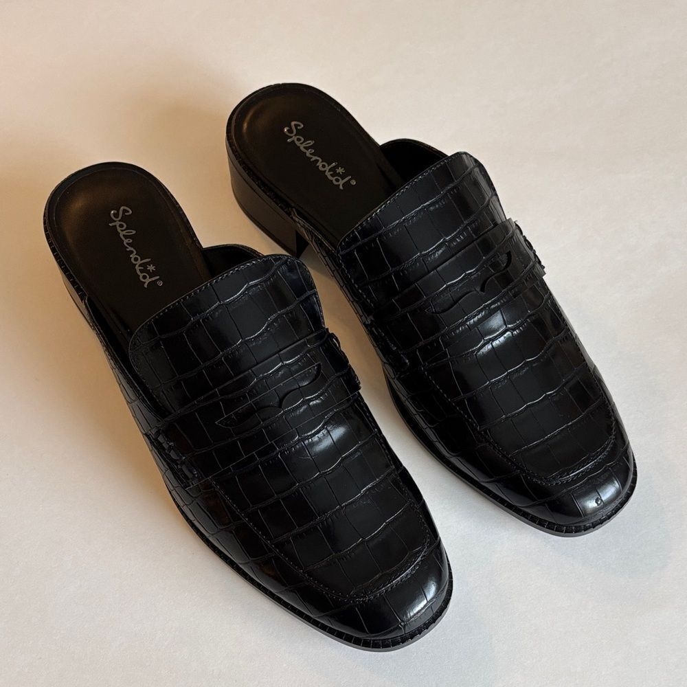 NWT Splendid Loafer Mules Faux Crocodile Leather Black Size 10